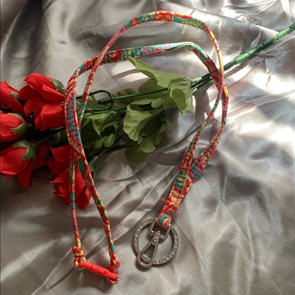 🌹VINTAGE Vera Bradley Coral Floral Keychain Necklace w/ Silver-Tone Ring Pendant